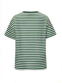 Camiseta casual de mujer  de cuello redondo holgado, camiseta de manga corta de ajuste ceñido con parches a rayas minimalista, adecuada para primavera/verano, ideal para el Día de San Valentín - Verde - Ver 4