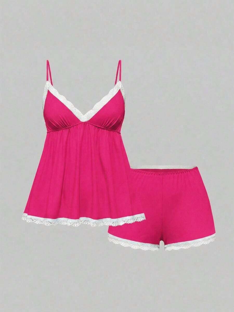 Conjunto de pijama casual de camiseta de tirantes acanalada y shorts con encaje - Rosa Fucsia - Ver 1
