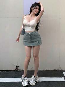 Shorts vaqueros de moda para mujer, combinables con todo, para primavera y verano - Azul lavado medio - Ver 2