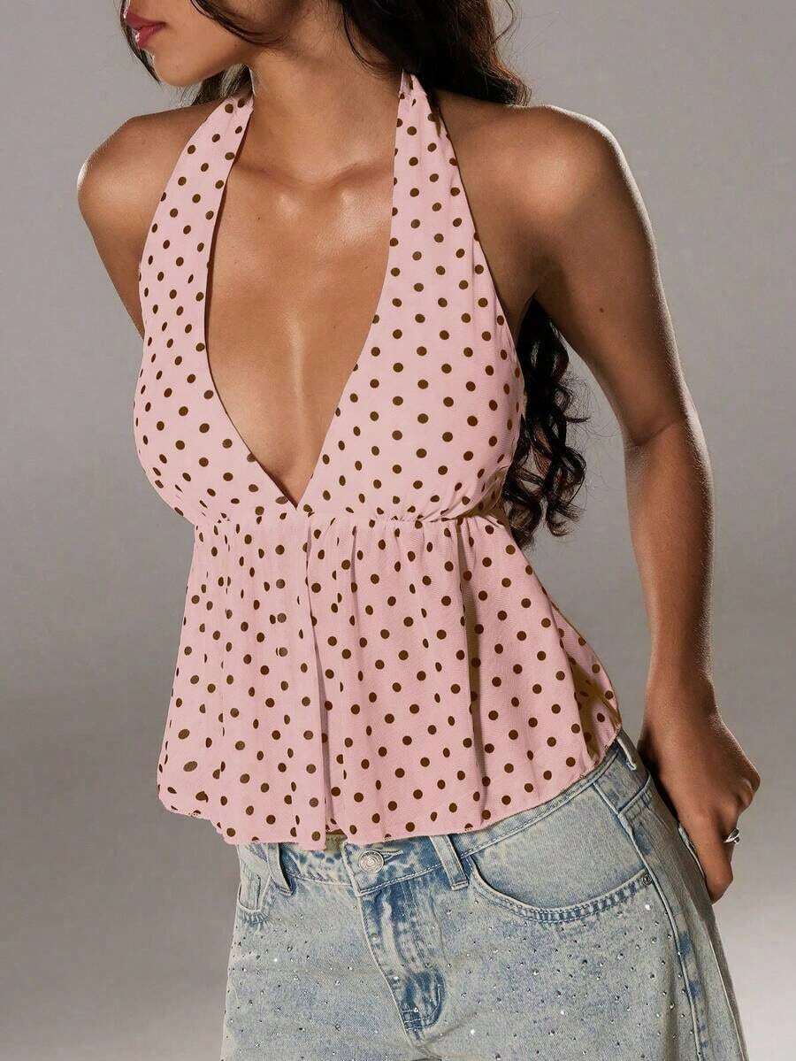 Elegante top de tirantes con escote en V y estampado de lunares para mujer, primavera/verano - Rosa - Ver 1