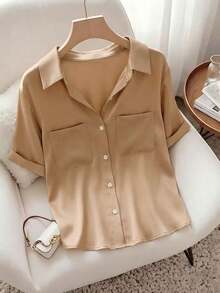 Camisa de polo elegante y sencilla con cuello trenzado al estilo francés para mujer, blusa elegante, uso casual, verano, color clásico y versátil, nueva camisa de moda para uso casual, oficina y trabajo, uso versátil y elegante para el día a día, - Camel - Ver 3
