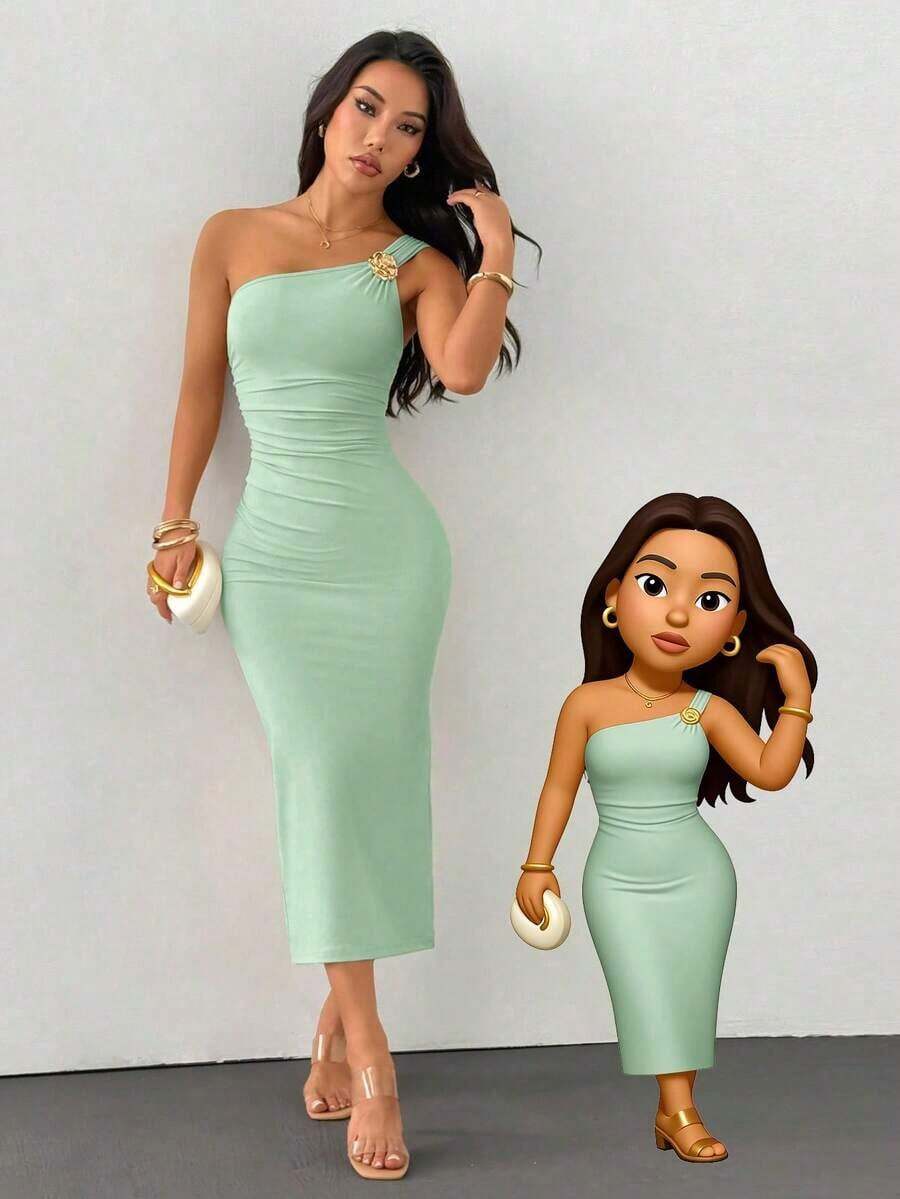 Falda de cola de pez con pliegues asimétricos y broche dorado como decoración - verde menta - Ver 1