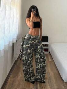 STLY Women's Jeans, Autumn/Winter Apparel, Low-Waist, Non-Stretch, Double-Button, Vintage Streetwear Commuter Jeans Vacation Casual - Camouflage - View 2