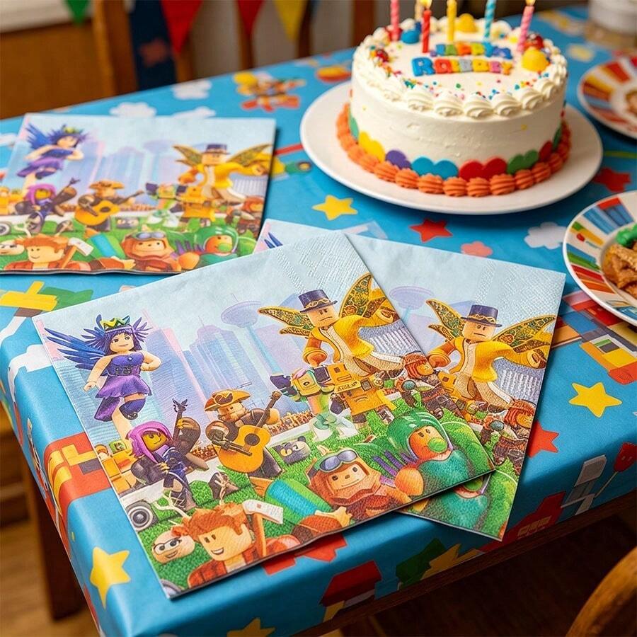 Roblox 20pcs Cartoon Dining Elements Napkins, Birthday Party Decorative Tissues, Double-Layer Cartoon Design, Suitable For Party, Camping, Picnic, Garden BBQ, Birthday Party Supplies - View 1