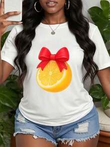 Women's Summer Casual T-Shirt With Letter And Fruit Print, Short Sleeve Lemon Design T-Shirt, Graphic T-Shirt With Lemon And Bow Design, Casual Vacation Style T-Shirt, Summer Clothing, 100% Cotton, Durable - 白色 - 查看 7