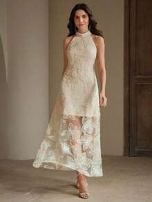 Vestido de fiesta elegante sin mangas con cuello alto y bordado floral 3D de - Albaricoque - Ver 3