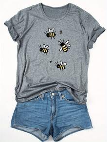 Bee Print T-Shirt - Soft, Breathable, Comfortable Polyester Blend, Short Sleeve, Casual Summer Sportswear, Easy Care, Quick-Drying, Suitable For Outdoor Activities And Casual Wear, Casual Style, EVERYONE. A Very Distinctive Printed T-Shirt / Unisex Style / Suitable For Both Men And Women / Wrinkle-Resistant / Breathable - 黑色 - 查看 10