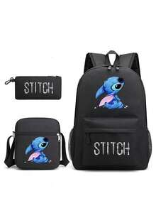 Bộ 3 món balo Disney Lilo & Stitch, balo in hình "Hello Stitch" kèm túi đeo chéo và hộp bút, balo đen kiểu dáng thường ngày dành cho thanh thiếu niên. - Bộ sản phẩm kết hợp Stitch Series - Xem 7
