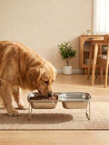 Stainless Steel Rack 2-In-1 Anti-Spill Cat Food & Water Bowl, Detachable Design, Neck Support Pad, Splash-Proof, Absorbent, Easy To Clean, Suitable For Medium To Large Dogs - Double Bowls - View 1