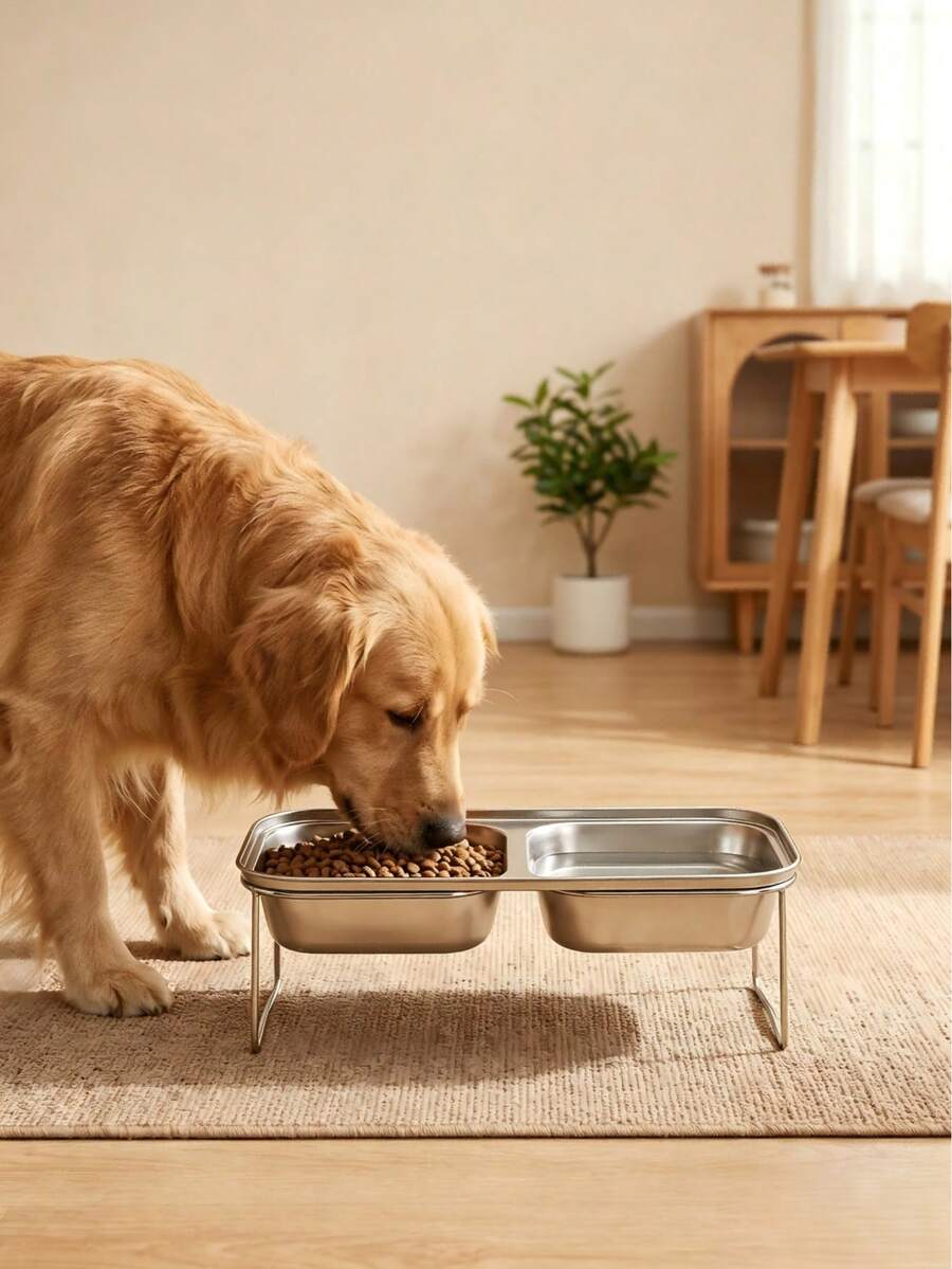 Stainless Steel Rack 2-In-1 Anti-Spill Cat Food & Water Bowl, Detachable Design, Neck Support Pad, Splash-Proof, Absorbent, Easy To Clean, Suitable For Medium To Large Dogs - Double Bowls - View 1