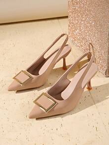 French Niche Pointed Toe Pumps, New Summer Patent Leather Backless High Heel Shoes With Square Buckle For Women - Apricot - View 2