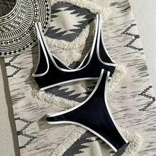 Bikini sexy con ribete blanco, traje de baño de nailon de alta elasticidad y corte alto, versión deportiva. - Negro - Ver 3