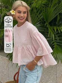 Blusa holgada de unicolor con mangas acampanadas, top de verano para mujeres - Rosa - Ver 12
