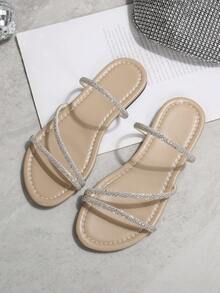 French Square Toe Rhinestone Embellished Flat Sandals, Vacations, Elegant Lady Style Suitable For Dates, Shopping, Commuting, Business, Parties - Apricot - View 5