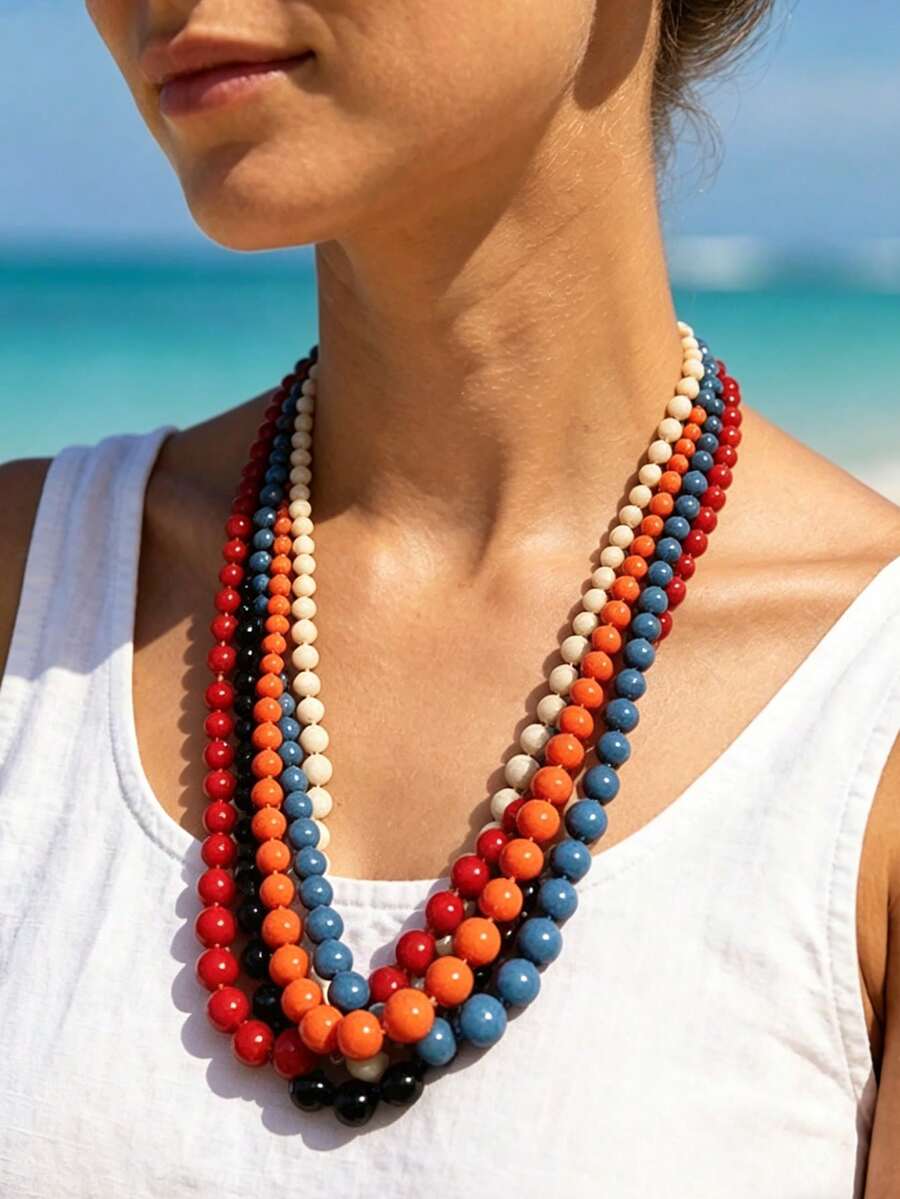 1 chiếc vòng cổ dài kiểu Bohemian, làm từ hạt nhựa, họa tiết hình học, thắt nút, có hiệu ứng giãn dần, thích hợp làm quà tặng ngày lễ và đeo hàng ngày. - vòng cổ dài đính hạt thủ công - Xem 1