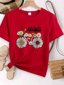 Blusa de Mujer con Estampado Floral y Manga Corta para Uso Casual - Diseño "La Vida es una Aventura", Amarillo Brillante, Cuello Redondo,  Ideal para Atuendos de Primavera y Verano, Ropa de Todos los Días - Rojo - Ver 4