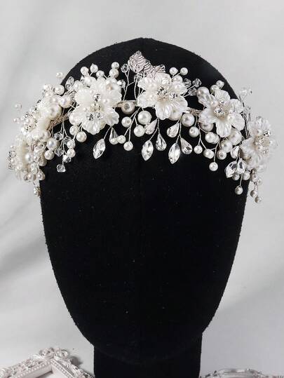 1pc Silver Floral Pearl Crystal Bridal Headband, Elegant Rhinestone Wedding Tiara For Brides,Elegant Floral Pearl & Crystal Headband, Sparkling Rhinestone Wedding Hair Accessory For Brides