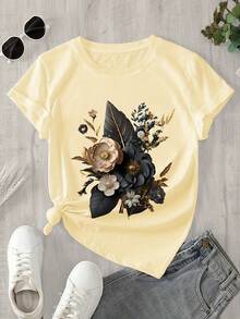 Women's Custom Printed Short Sleeve T-Shirt - Green And Gold Design, Round Neck, Casual Style, Breathable For Spring And Summer, Machine Washable, Regular Fit, Soft Texture - Unisex Loose Fit Cotton Short Sleeve Round Neck T-Shirt, Urban Vintage Style. - 杏色 - 查看 4