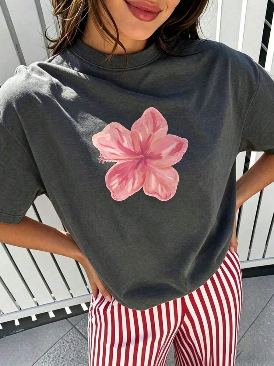 Nueva camiseta informal de cuello redondo con estampado de flores, versátil y suave, para primavera/verano de mujerConjuntos de Vacaciones de Verano 2026 - Gris Oscuro - Ver 1