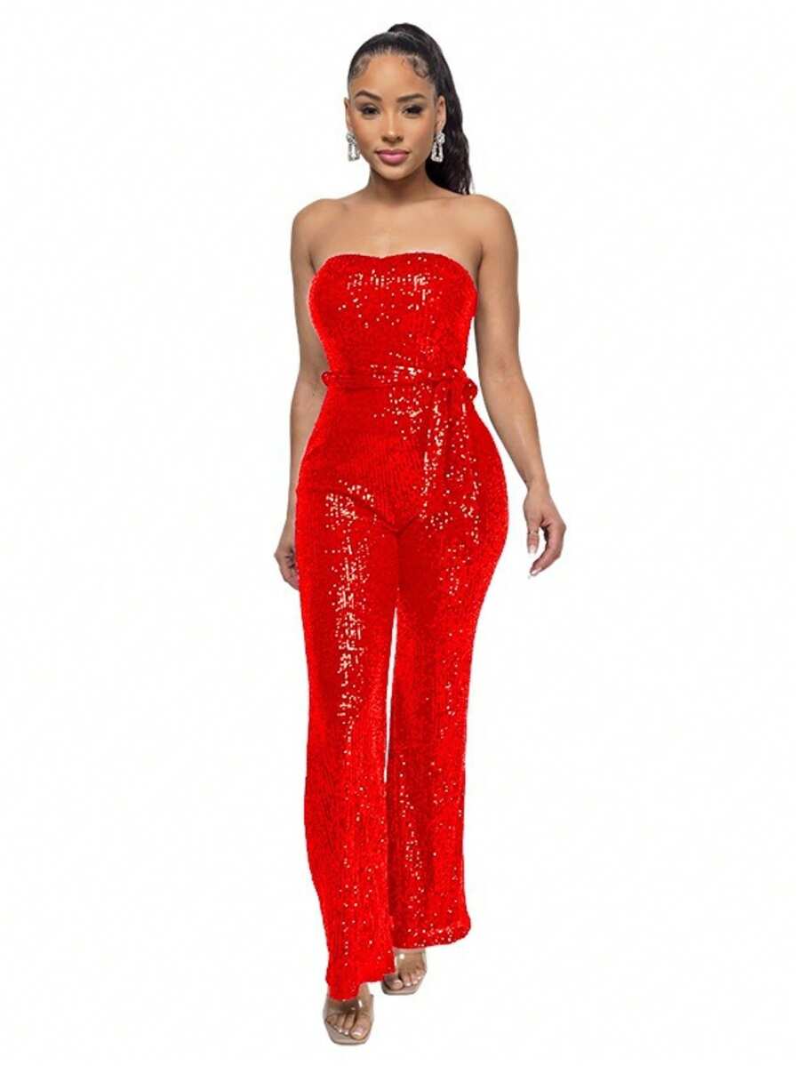 New Women's Jumpsuit, Hot Style, Sleeveless, Sequined, Backless, With Ribbons, Tube Top, Sexy Design, Perfect For Photoshoots, Nightclubs, Parties And Evening Looks - 紅色 - 查看 1