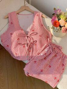 Conjunto de camiseta de tirantes y pantalones cortos a rayas con lazo para mujer - Rojo - Ver 5
