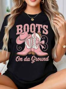 Camiseta De Mujer De Estilo Retro Y Occidental Con Gráfico Botas En El Suelo , Camiseta De Manga Corta, Diseño De Botas Y Sombrero De Vaquero En Estilo Informal, Cuello Redondo, Con Estampado Vi Round Neck Printed Short Sleeve Casual Everyday T-Shirt, They Are Excellent Gifts For Friends And Family,100% Cotton T-Shirts Feature, A Youthful And Fashionable Design Blusas Para Mujer Camisa - Negro - Ver 6