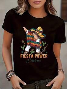 Camiseta de manga corta con cuello redondo para mujer, con estampado de hombre mexicano festejando con sombrero y serape, para uso casual, ideal para celebrar el Cinco de Mayo, tela cómoda, adecuada para regalo, 220g playeras de mujer. - Negro - Ver 5