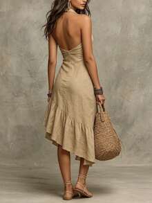 Vestido largo de mujer de color liso con cuello halter, corte ajustado, sin mangas, estilo vacacional a la moda. - Caqui - Ver 2