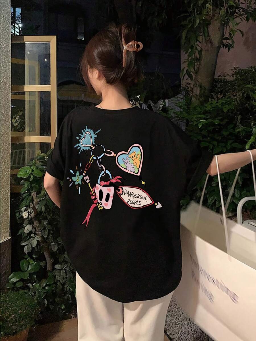 Camiseta Pura para Mujer Manga Corta Diseño de Nicho y Estampado 2025 Verano Nuevo Top Holgado de Manga Media y Ajustado para Mujer - Negro - Ver 1