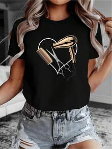 Camiseta de Mujer: Camiseta cómoda de color sólido con diseño de peinado en forma de corazón de Mucha, imprescindible para las amantes de la moda, perfecta para vacaciones, informal, cómoda, elástica y ajustada al cuerpo. Camisetas para Mujer. - Negro - Ver 1
