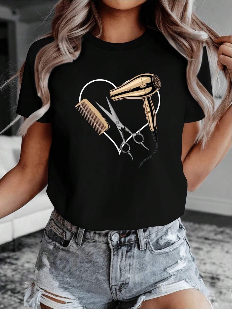 Camiseta de Mujer: Camiseta cómoda de color sólido con diseño de peinado en forma de corazón de Mucha, imprescindible para las amantes de la moda, perfecta para vacaciones, informal, cómoda, elástica y ajustada al cuerpo. Camisetas para Mujer. - Negro - Ver 1
