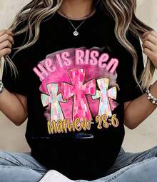 Camiseta de Pascua con la frase "Él ha resucitado" y cruces, Mateo 28:6, camiseta cristiana para mujer, regalo religioso, top para primavera y verano, agradable al tacto, transpirable y cómoda. - Negro - Ver 11