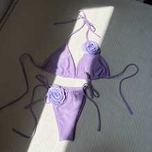 Nuevo traje de baño de dos piezas para mujer, de color sólido rosa, con tiras ajustables. - Morado - Ver 8