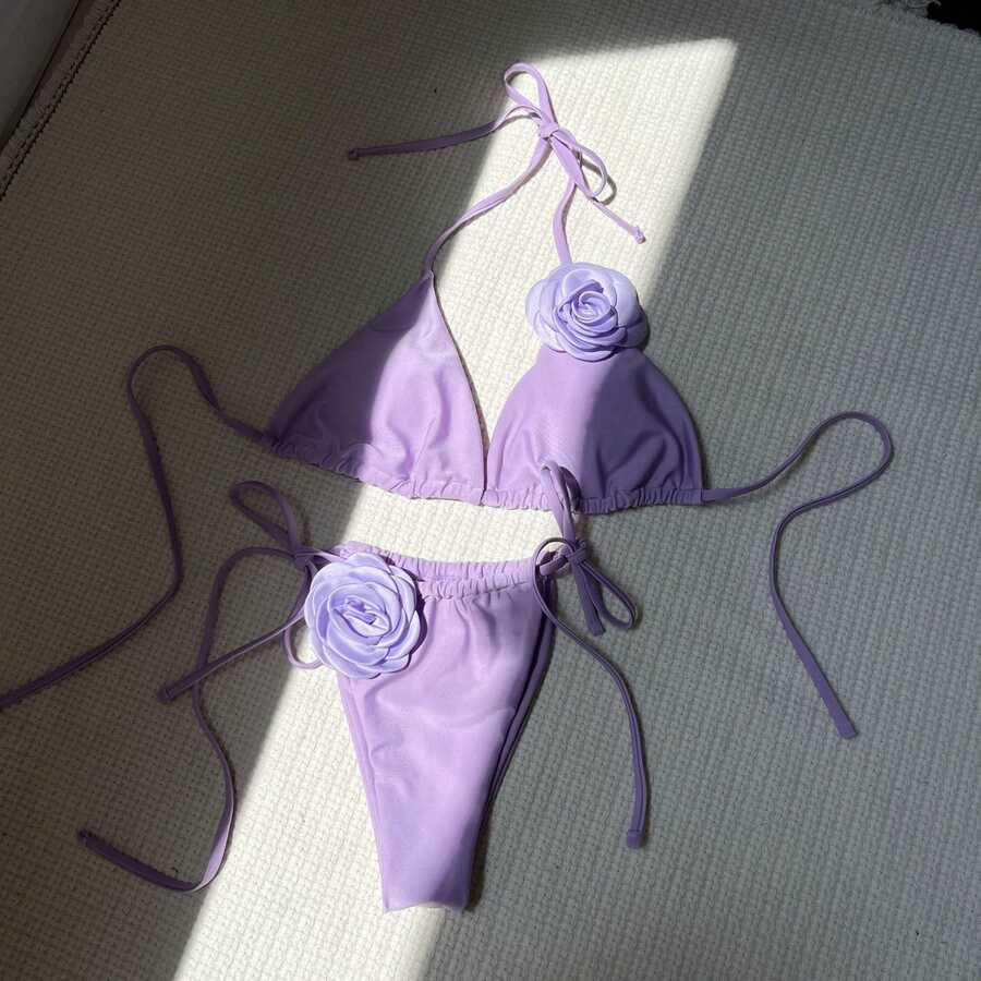 New Women's Two-Piece Swimsuit, Solid Pink Color, With Adjustable Straps. - Light Purple - View 1