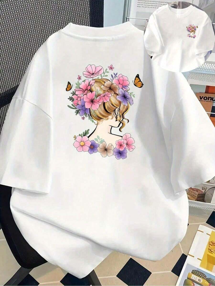 Camiseta de manga corta de talla grande para mujer - Camiseta básica casual de corte holgado, elegantes tops de poliéster, camiseta de manga corta estampada con diseños florales y de mariposas - Camiseta estampada de primavera/verano para mujer, artículo de moda, versátil y casual, transpirable y cómoda. - Blanco - Ver 1