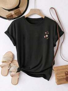 Camiseta de manga corta estampada para mujer, estilo casual con diseños únicos, estampado floral, estilo urbano, adecuada para primavera, verano y otoño.Nuevo modelo, transpirable y cómodo - Negro - Ver 10