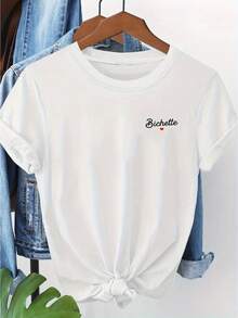 Camiseta de manga corta con cuello redondo y estampado de letras Bichette para mujer, una prenda moderna y cómoda, la elección perfecta para las mujeres. - Blanco - Ver 1