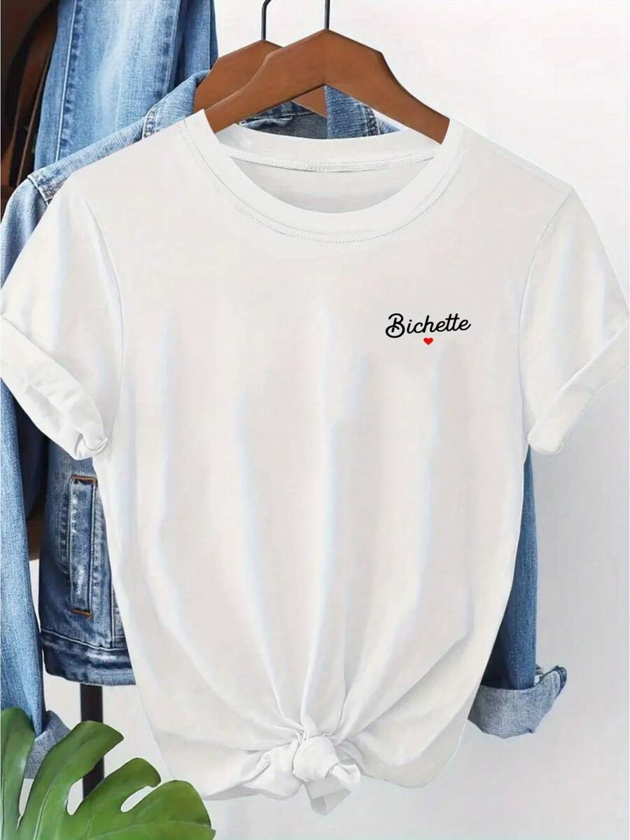 Camiseta de manga corta con cuello redondo y estampado de letras Bichette para mujer, una prenda moderna y cómoda, la elección perfecta para las mujeres. - Blanco - Ver 1