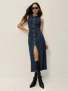 Vestido ajustado simple sin mangas con botones delanteros, casual para uso diario de mujeres - Azul lavado oscuro - Ver 6