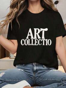 Camiseta de manga corta con cuello redondo para mujer LooseEssential, camiseta negra de la colección Art Collection para mujer, top informal de moda, camiseta gráfica estilo streetwear. El estampado divertido es adecuado para fiestas de Navidad, actividades deportivas, salidas de fiestas, deportes y otros regalos navideños (220g). Tops de Verano para Mujer, Cuello Redondo, Ajustados, de Manga Corta, de Algodón, Suaves y Casuales, Camisetas Básicas de Cuello Redondo para Mujer - Negro - Ver 7