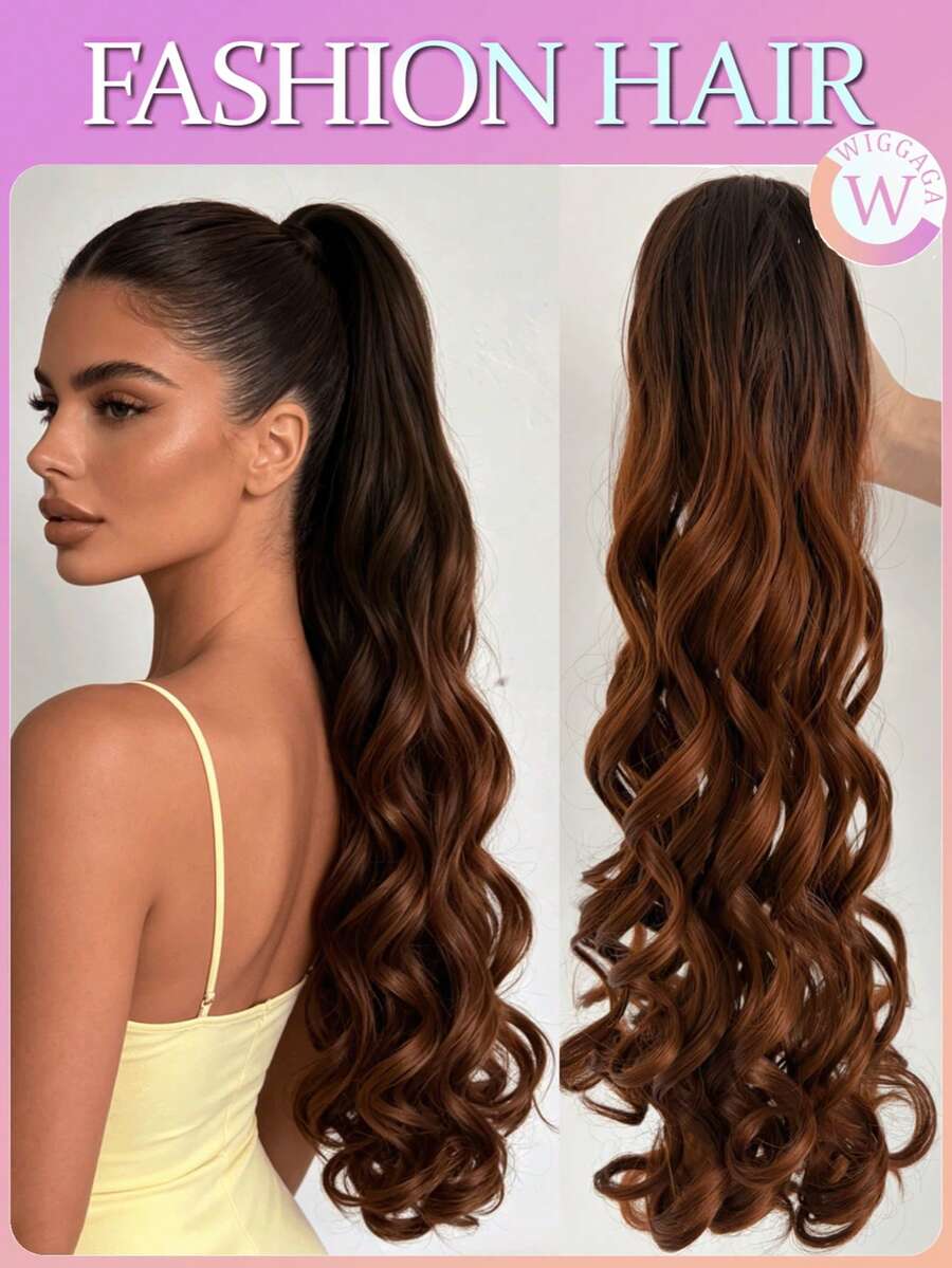 WIGGAGA 24-Inch Ombre Brown/Ombre Gray Women Elegant Curly Ponytail Synthetic Hair Clip-On Hairpiece, Versatile Hair Accessory For Daily Use - Brown - View 1