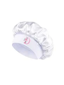 1件裝花卉字母緞面睡眠帽，客製化全包覆式女用髮帽，適用日常護髮、化妝與護膚，寬鬆彈性帶頭巾髮帶，旅行風格 - 白色 - 查看 26