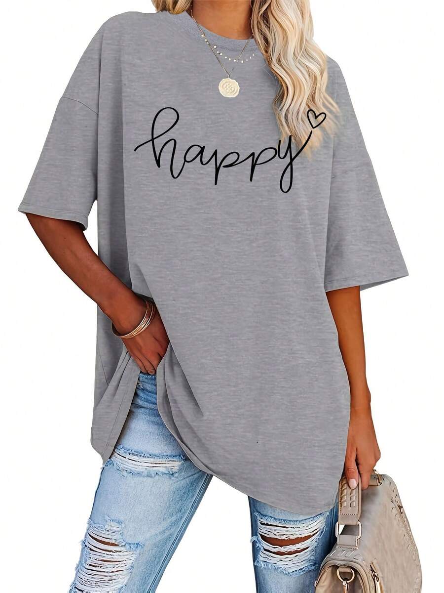 Talla Grande, Camiseta con Estampado de Letras, Manga Corta, Cuello Redondo, Top Casual, Ropa de Mujer - Gris Claro - Ver 1