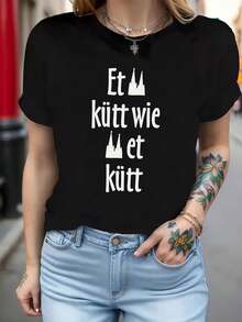 Camiseta de algodón puro con un estilo casual y confiado, con estampado del castillo "Etküttwieetkütt" de Luxemburgo, camiseta de moda casual de cuello redondo para mujer en talla grande, creativa y cómoda para el uso diario en primavera-verano. - Negro - Ver 8