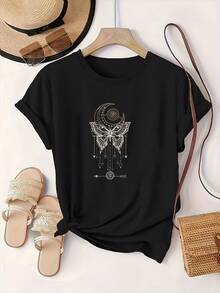 Camiseta de algodón puro con estampado de mariposas, camiseta negra de manga corta y cuello redondo, corte ligeramente holgado, esencial para vacaciones informales, lavable a máquina pero no apta para limpieza en seco, adecuada para todas las estaciones. - Negro - Ver 3