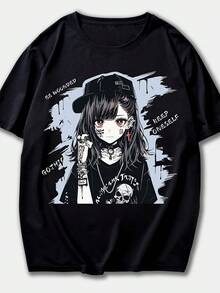 Camiseta estampadaCamiseta negra con estampado de anime gótico-GÓTICOEstampado TRUTH', ilustraciones de personajes únicas, corte holgado, mangas cortas, diseño de borde con frases escritas a mano, muy adecuado para el estilo urbano.ParaFiesta&DiarioDesgaste, PerfectoParaVacaciones&Tiempo de juego, genialParaFiesta&FamiliaVacaciones, EscuelaWearStreetEstilo, a la modaModa, TendenciaClimaRopa de veranoInformalWearStreetEstilo, a la modaModa, TendenciaClimaRopa de veranoInformalRopa - Negro - Ver 1