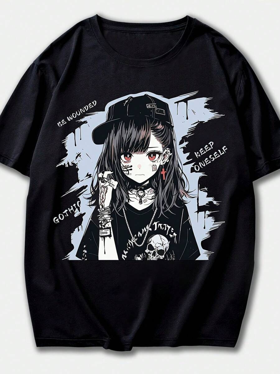 Camiseta estampadaCamiseta negra con estampado de anime gótico-GÓTICOEstampado TRUTH', ilustraciones de personajes únicas, corte holgado, mangas cortas, diseño de borde con frases escritas a mano, muy adecuado para el estilo urbano.ParaFiesta&DiarioDesgaste, PerfectoParaVacaciones&Tiempo de juego, genialParaFiesta&FamiliaVacaciones, EscuelaWearStreetEstilo, a la modaModa, TendenciaClimaRopa de veranoInformalWearStreetEstilo, a la modaModa, TendenciaClimaRopa de veranoInformalRopa - Negro - Ver 1