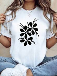 Camiseta de talla grande para mujer con estampado gráfico de flores tradicionales, manga corta y cuello redondo, top casual para verano y primavera, ropa de mujer - [Blanco] - Ver 6