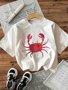 2026 Spring/Summer Plus Size Minimalist Casual T-Shirt For Women, Short Sleeve Crew Neck Solid Color Crab Print, Suitable For Spring, Summer, Autumn, Casual Outdoor Wear WhitePure-Cotton - 白色 - 查看 7