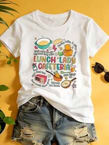 VintageSummer Fashion Women T Shirt Lunch Lady Cafeteria Design Fun Food Graphics Casual Wear Work And Everyday StyleGraphic Tee - Blanco - Ver 6